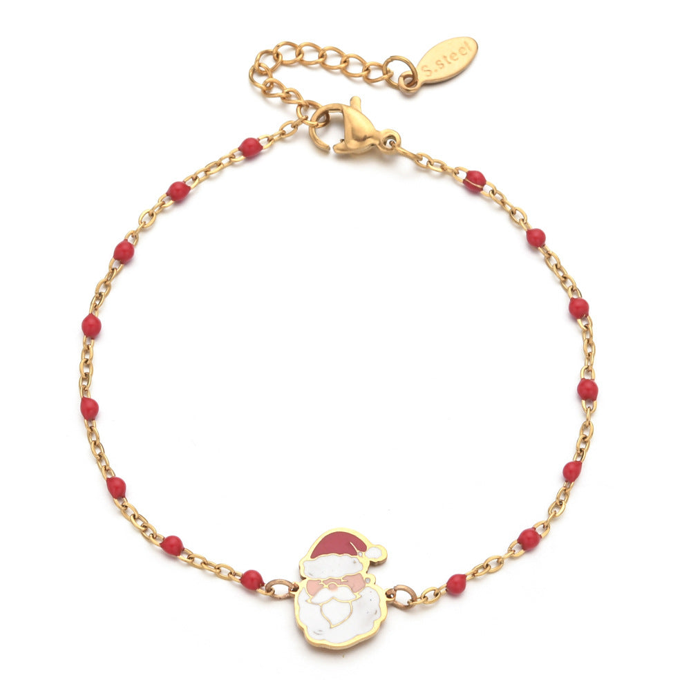 Wholesale Christmas Alloy Drip Oil Santa Claus Stainless Steel Rice Bead Bracelet